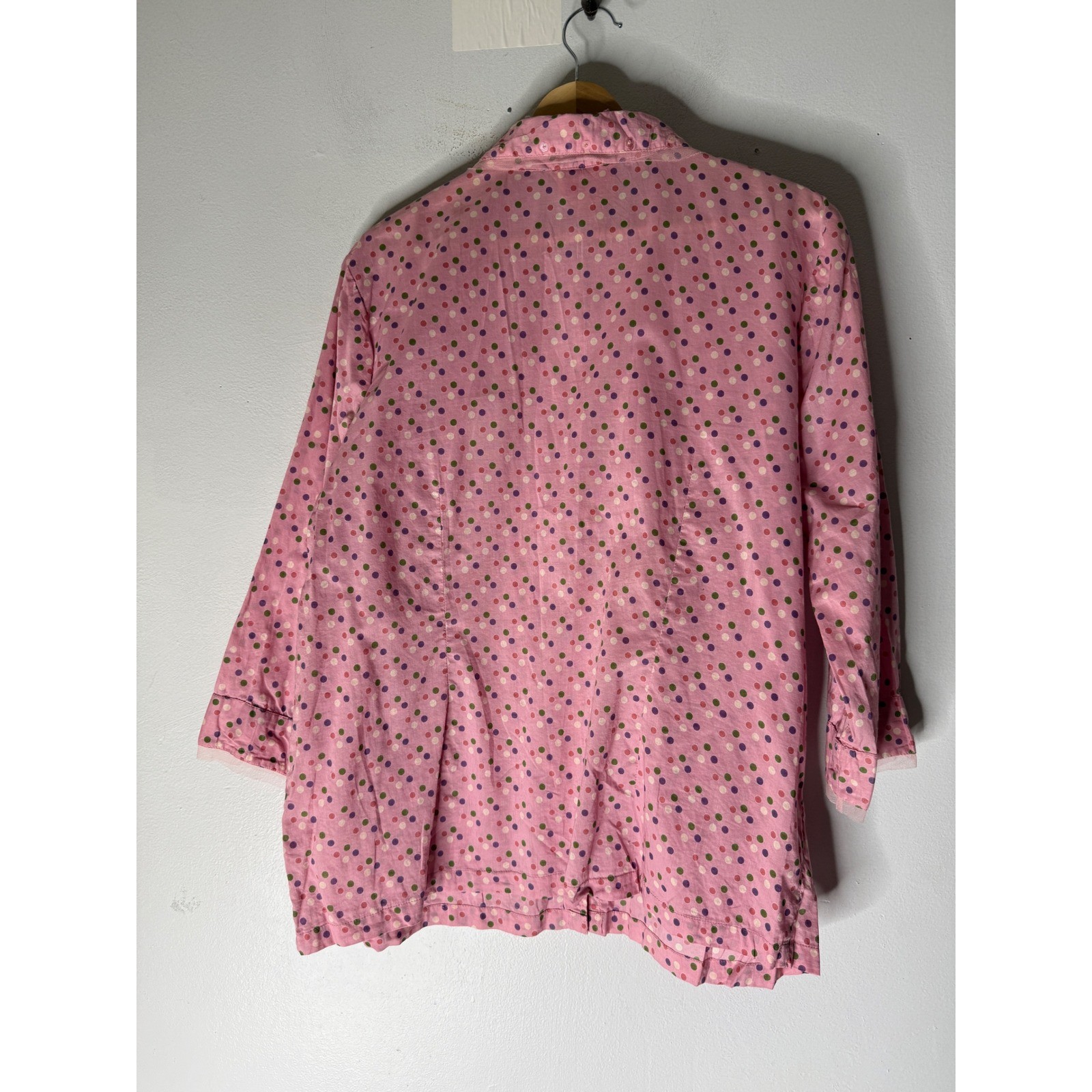 Vintage April Cornell pink polka dot collar 3/4 sleeve button down rhinestone XL
