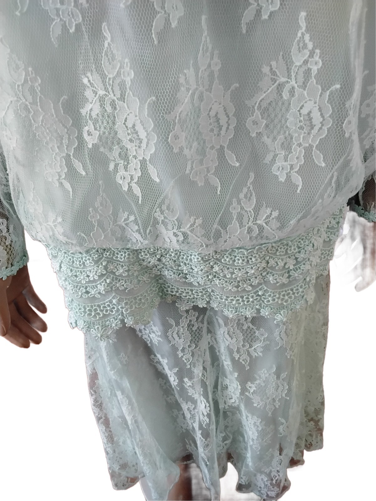 Vintage 1970s Samuel Scott Seafoam Green Lace 2-Piece Formal Dress Set 16W