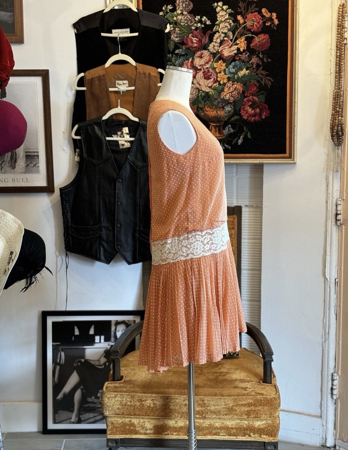 Vintage 60’s Orange Polka Dot Dress Cotton Drop Waist Lace Size Small Medium