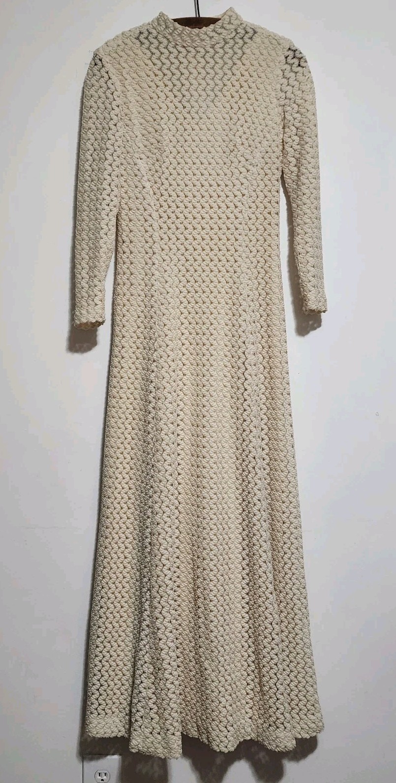 VTG 70s Dan Lee Bernadette Crochet Knit Maxi Dress Cream Lord & Taylor ILGWU