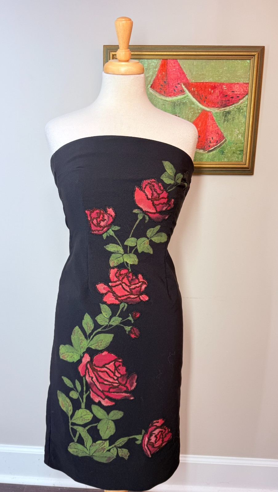 Vintage 90s Y2K Trixxi Black Floral Dress Embroidered Whimsy Size 7 Buffy