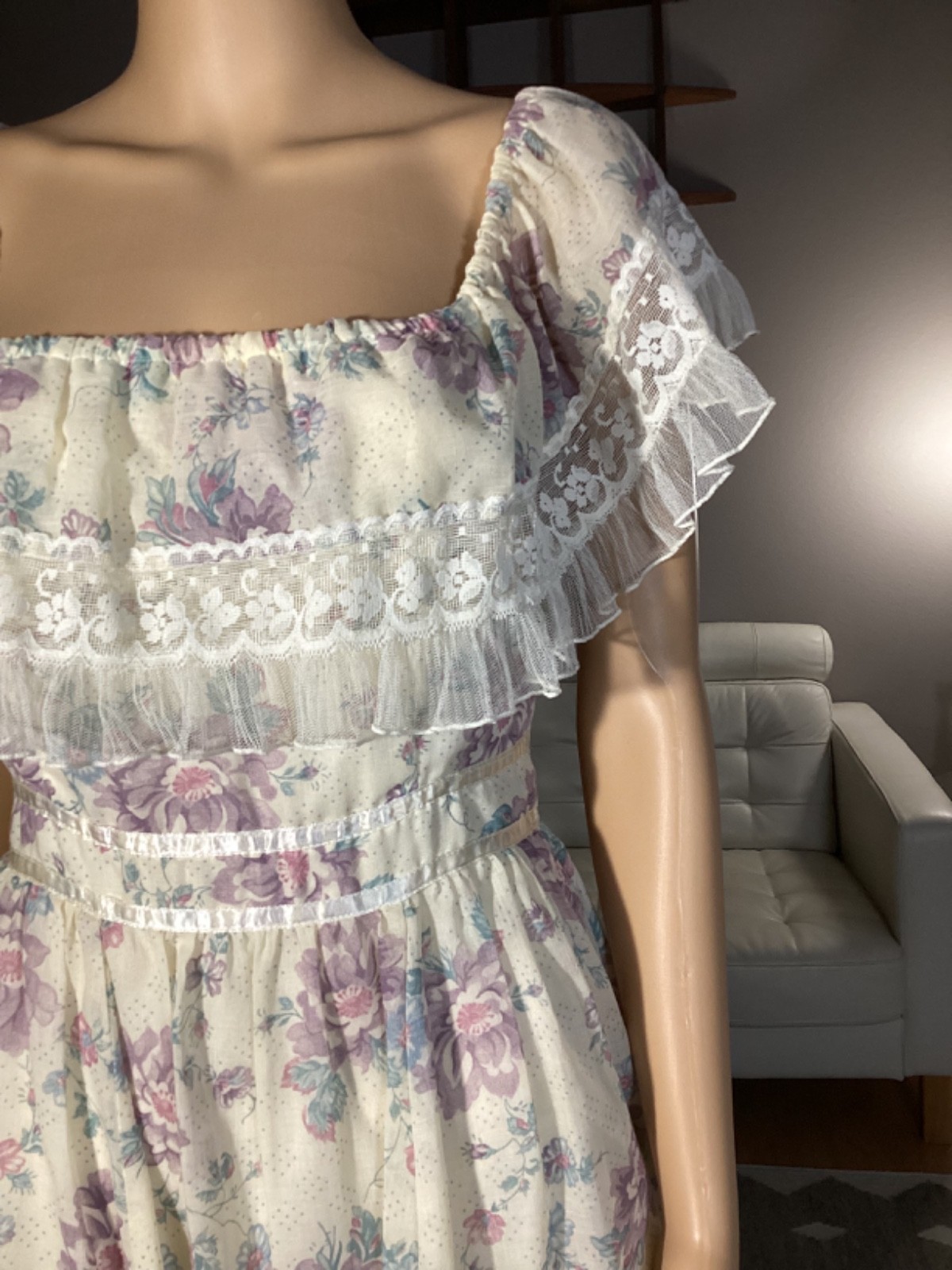 Vintage 70’s Gunne Sax Sheer Floral Calico Lace Hippie Prairie Cottage Dress