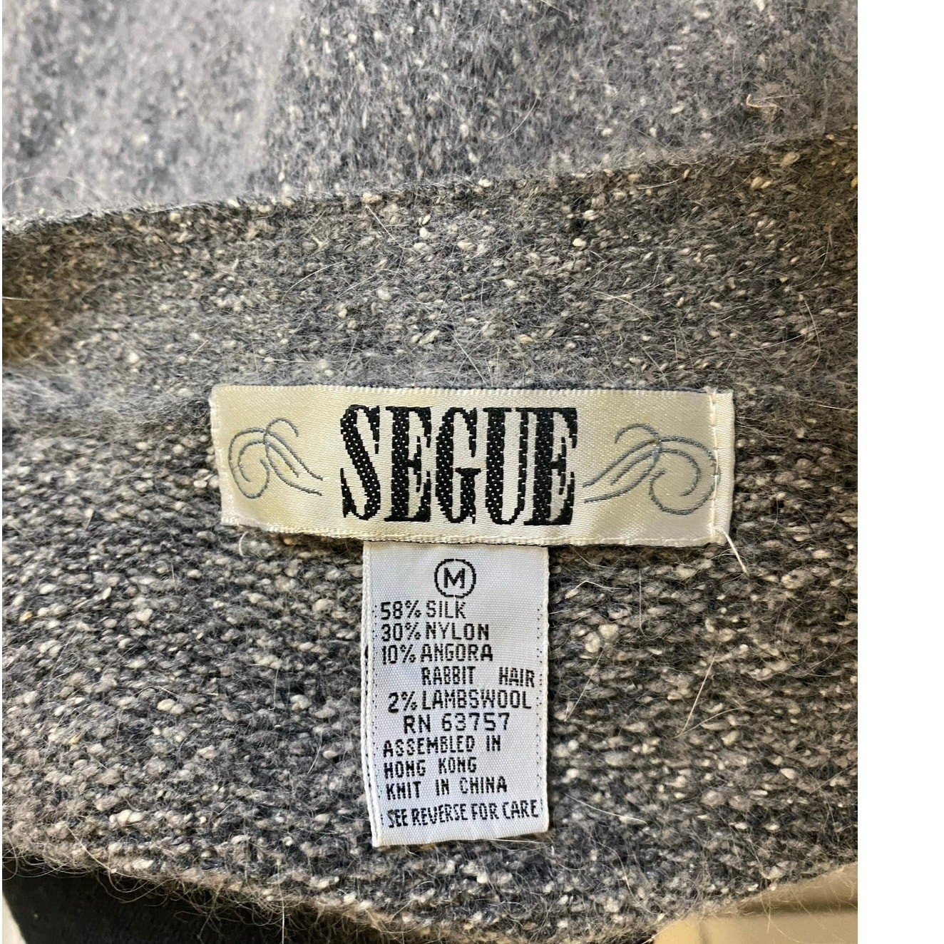 Vtg Segue Silk Angora gray,white, black wearable art cardigan Hong Kong M Women